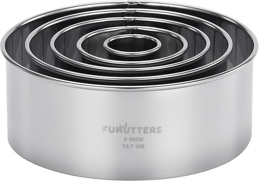 Cookie Cutter Set, 5 Pc. Kit, Measuring 1'', 2'', 3'', 4'' and 5'', Round Metal Baking Rings for Pastry, Biscuits, and Dough Cutting, Heavy Duty and Reusable, Multiple Sizes