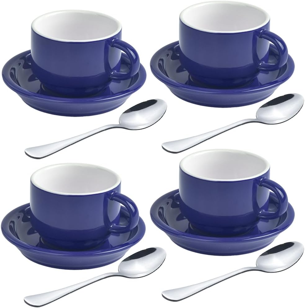 homEdge Premium Espresso Shot Cups and Saucers Set with Espresso Stainless Steel Spoons - 2.5 oz, Set of 4, Navy