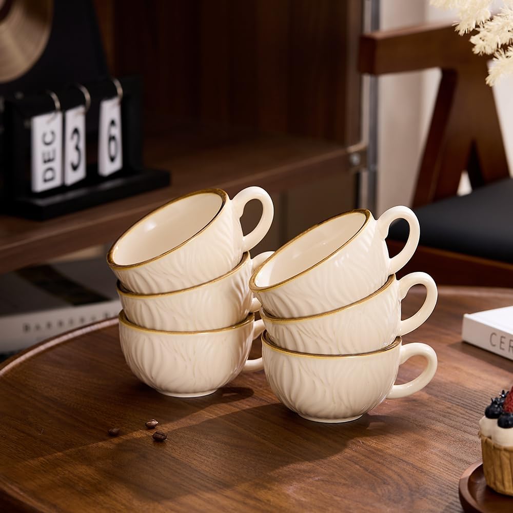 Set of 6 Vintage Design 12 oz Professional Barista Ceramic Latte Art Cappuccino Cups Set (Wave Beige)