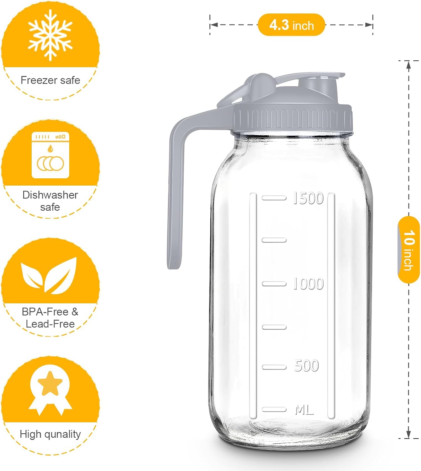 Mason Jar Pitcher, 64 OZ Glass Pitcher with Lid Double Leak-proof with Handle Water Jug Wide Mouth Breast Milk Pitcher Fridge Container for Water, Juice, Iced Coffee, Tea, Juice - Gray