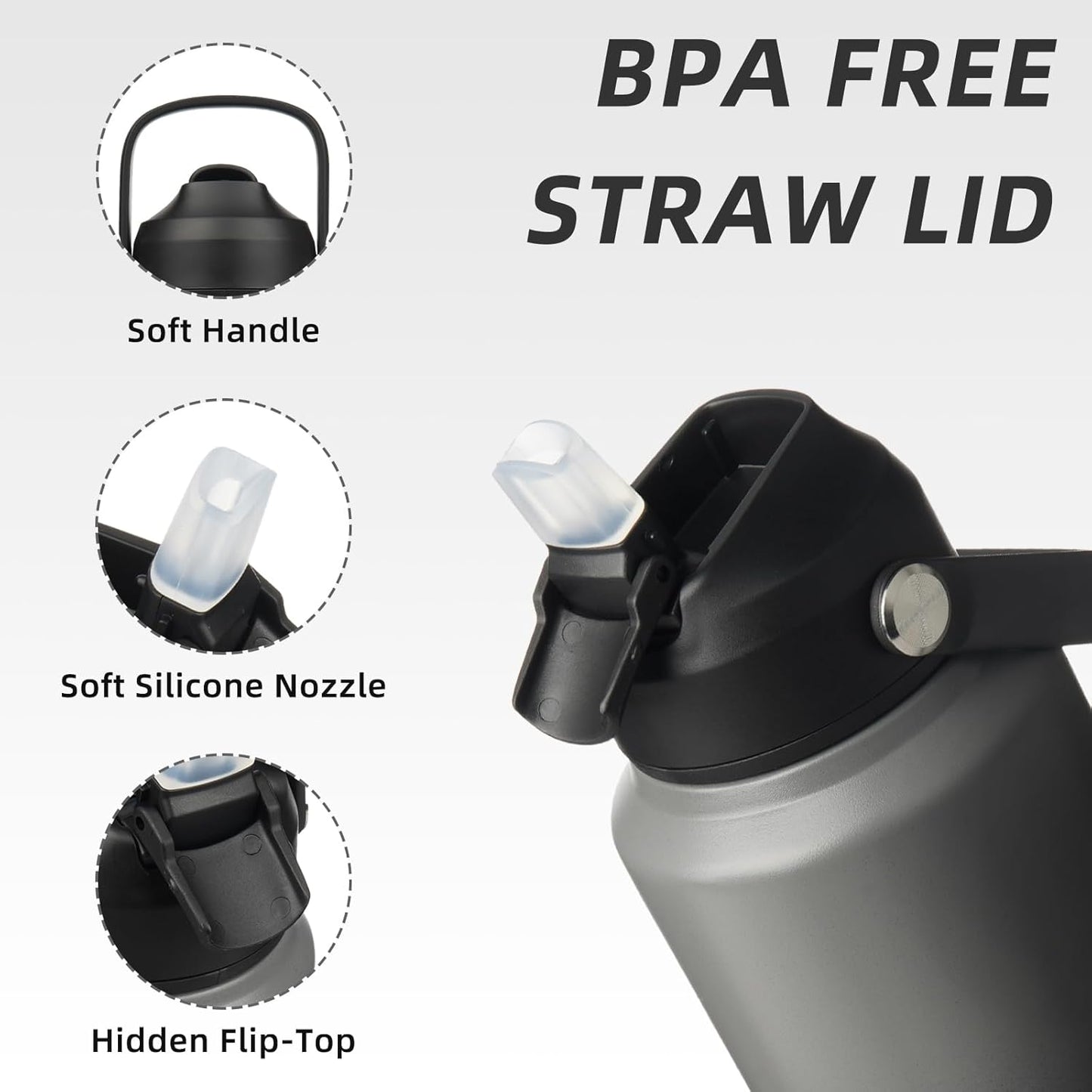 BJPKPK Insulated Water Bottle with Straw Lid, 40oz Large Thermos, BPA Free Leak Proof Stainless Steel Metal Water Bottles, Tumblers, Cups, Flasks for Travel, Sports,Black Grey