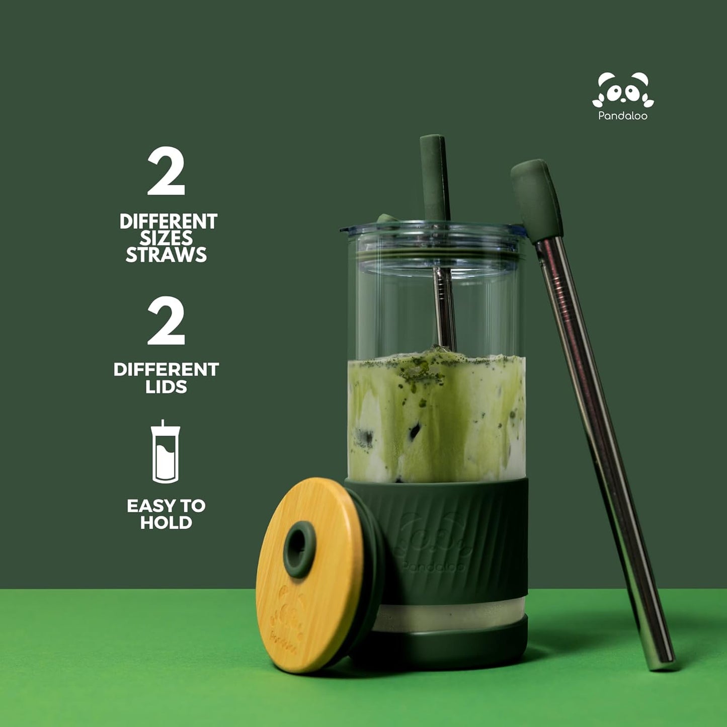 Pandaloo® Glass Cups With Lids and Straws -20 Fl Oz- Perfect Size Iced Coffee Cup - Smoothie Cup With Bamboo Lid and On the go Lid - Glass Tumbler With Straw (2 Count (Pack of 1), Amber Sand)