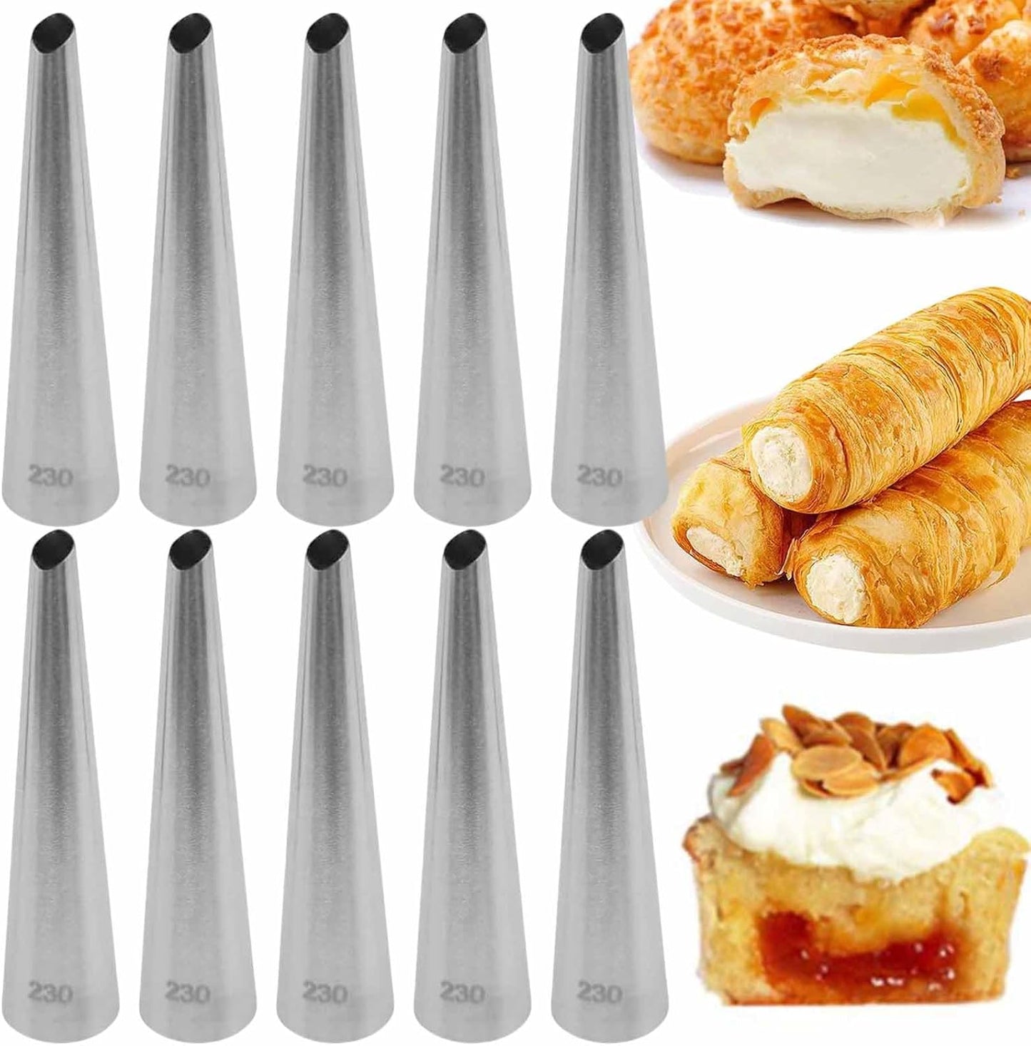 10 PCS Cream Icing Piping Nozzle Tip Stainless Steel Long Cream Puff Piping Tips Straight Pipe Multipurpose Pastry Piping Cake Decorating Tools for Small Pastries Puffs Cupcakes Filling Donuts