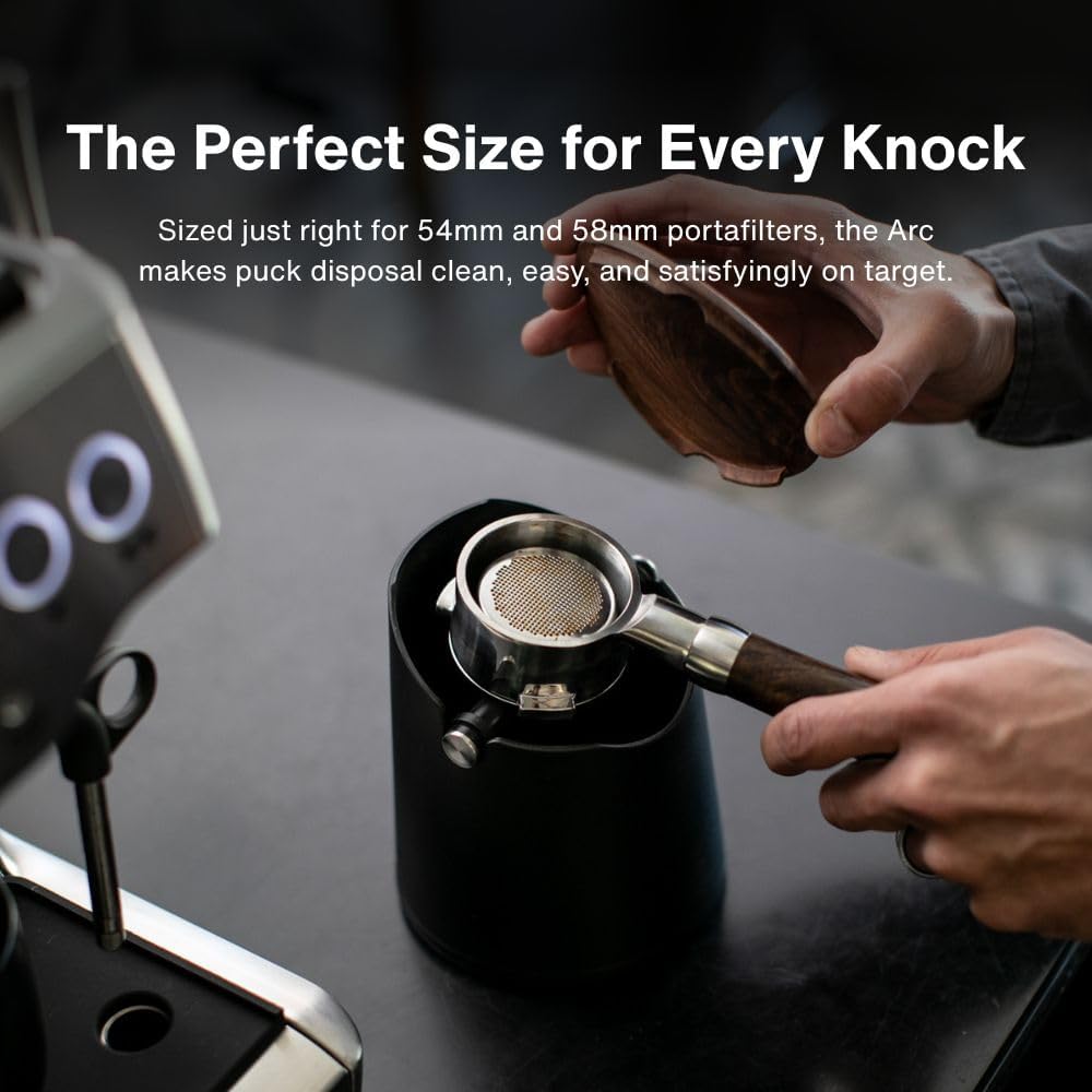 Crema Coffee Products Arc Knock Box | Holds 12–16 EspressoPucks|Durable,Stain-ResistantBuild withNon-Slip Base|Elegant WalnutPlastic Lid Design| EasyClean-Up &Moisture Control|BlackPlasticLid Finish