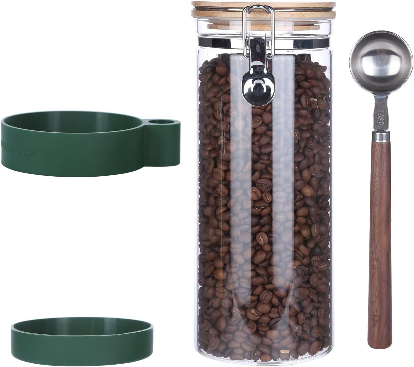 KKC Vacuum Sealed Coffee Bean Storage Container with Scoop,Airtight Glass Container Jar with Hinged Lid and Spoon for Ground Coffee,Loose Leaf Tea,Brown Sugar,Nut,Oatmeal,54 Fl oz