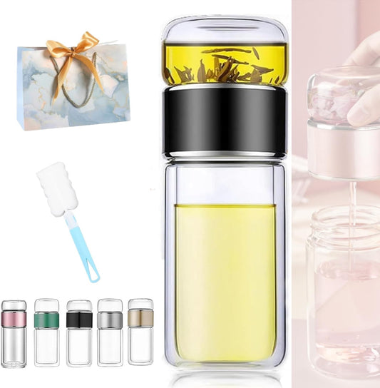 Tryteava Glass Infuser, Tryteava 3-in-1 Smart Tea Infuser, Portable Glass Double Wall Tea Infusers Bottle, with Stainless Steel Filter, Hot & Cold Brew, For Loose Leaf, Office Home (Black, 280ml)