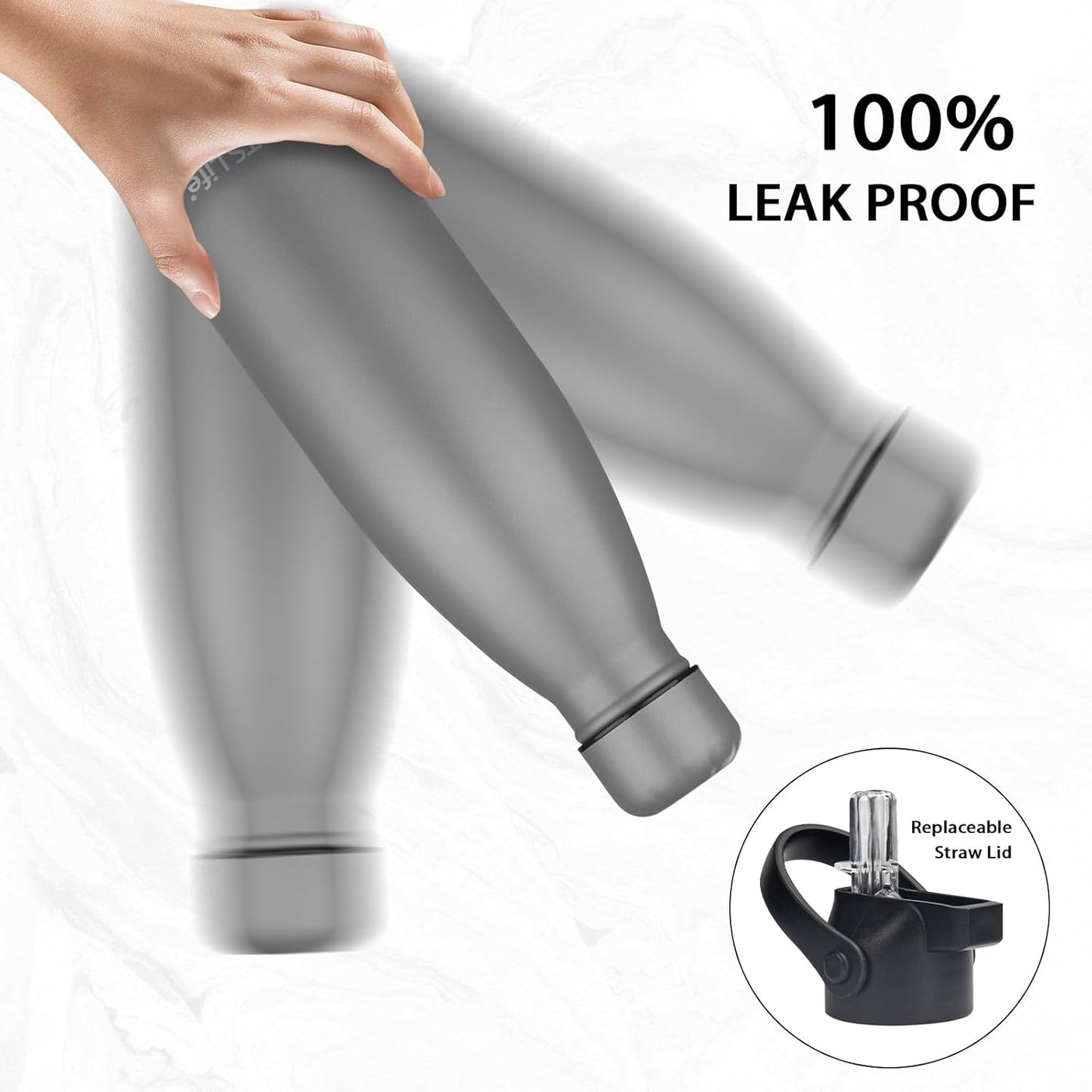 Insulated Water Bottle, 2 Pack-17oz Stainless Steel Water Bottles with straw lid, Metal Sports Water Bottles for Boys,Girls, Double Wall Vacuum BPA-Free Flask for School, Sports(Grey-white)