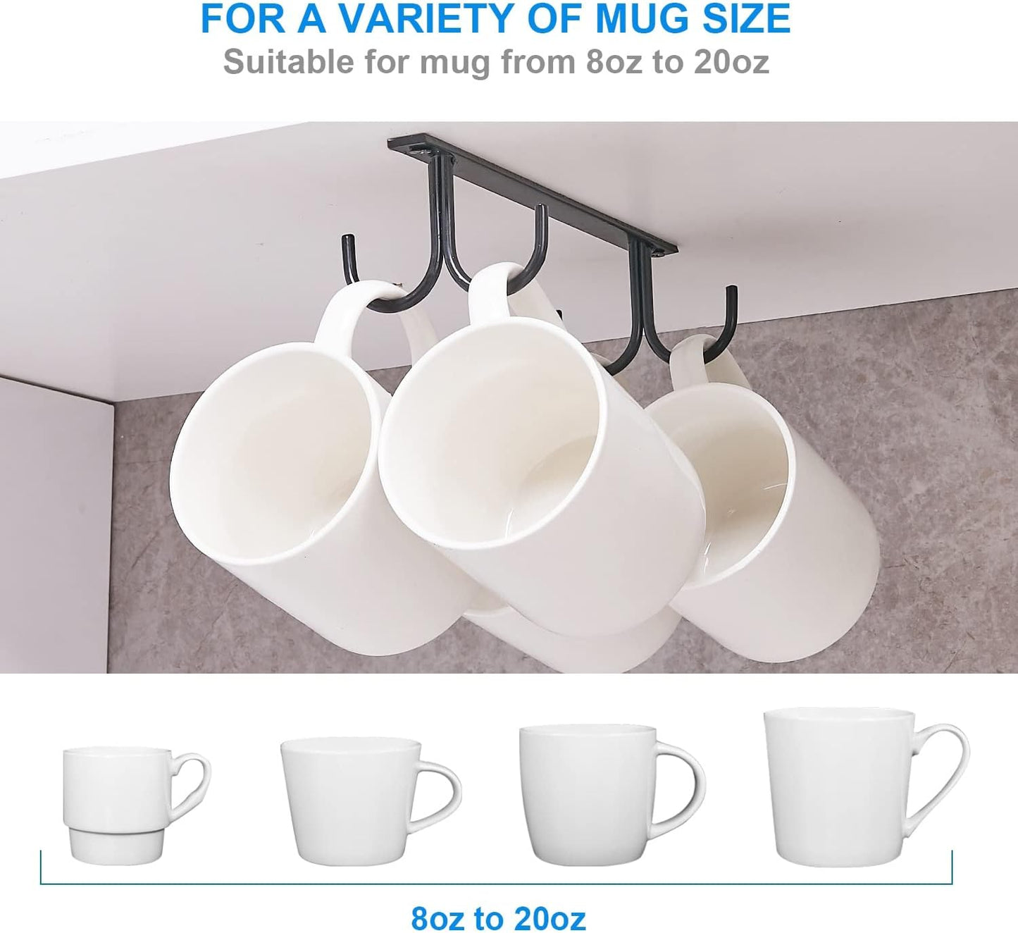 Mug Rack Under Cabinet - Coffee Cup Holder, 12 Mugs Hooks Under Shelf, Display Hanging Cups Drying Hook for Bar Kitchen Utensils Black