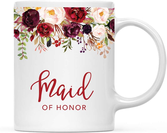 Andaz Press 11oz. Wedding Ceramic Coffee Tea Mug Gift, Fall Autumn Marsala Burgundy Flowers Roses Florals, Maid of Honor, 1-Pack, Includes Gift Box