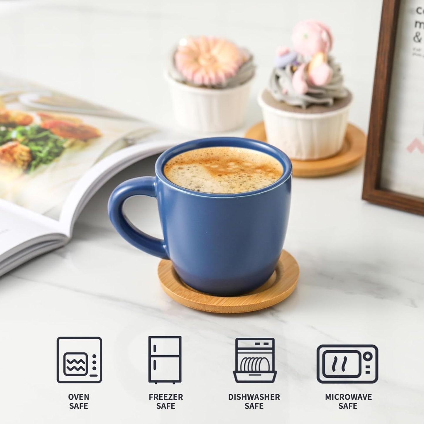 Hasense 8 oz Tea Cups and Saucers Set of 6, Ceramic Coffee Cups Latte Cappuccino Cups with Handle for Double Shot, Cafe Mocha, Espresso, Porcelain Coffee Cups for Party Home and Kitchen, Blue