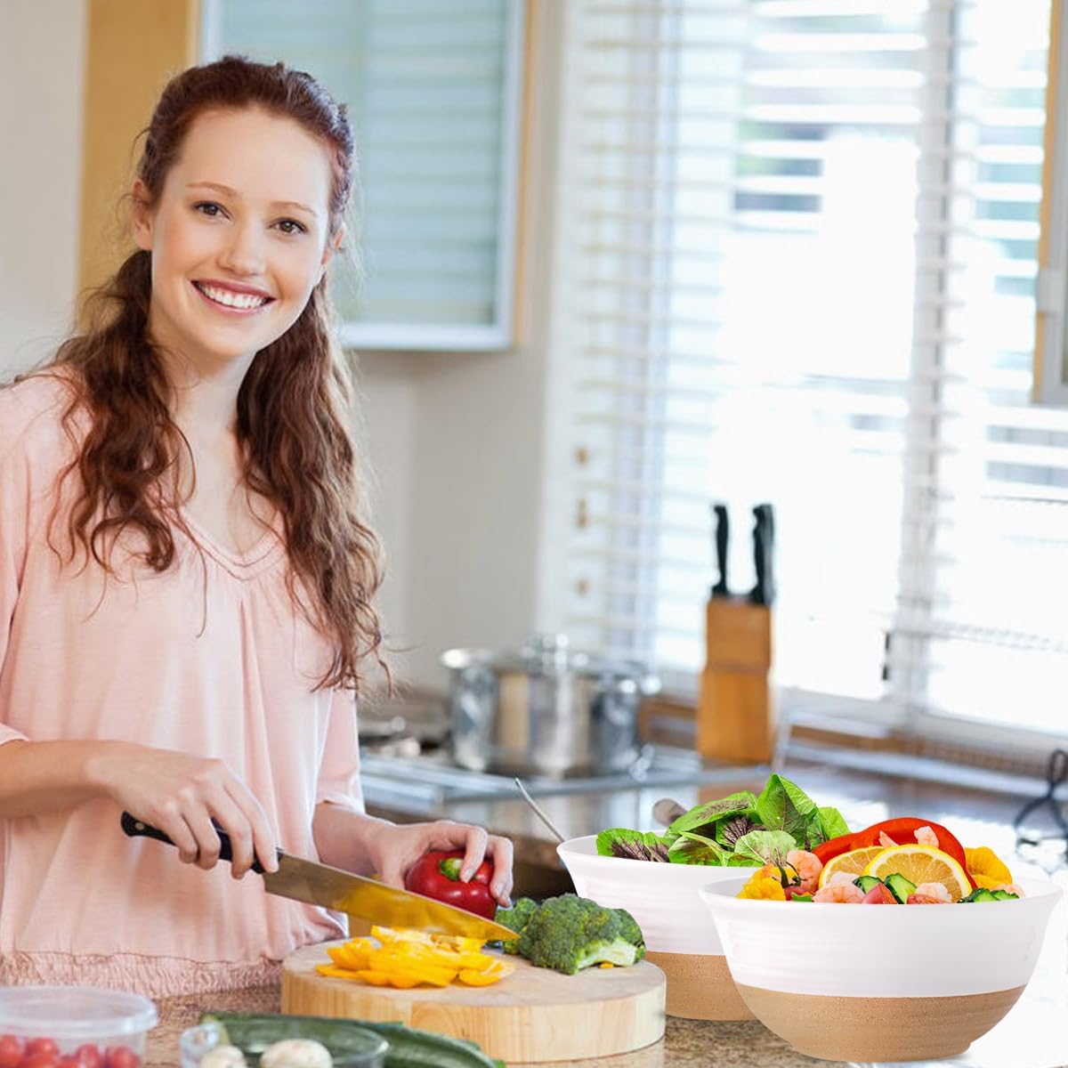 Hasense Serving Bowls, 9 Inch Ceramic Salad Dish for Kitchen, 84 Ounce Large Mixing Bowls for Cooking, Side Dishes, Baking, Popcorn, White Serving Dishes Set of 2, Dishwasher Microwave Safe