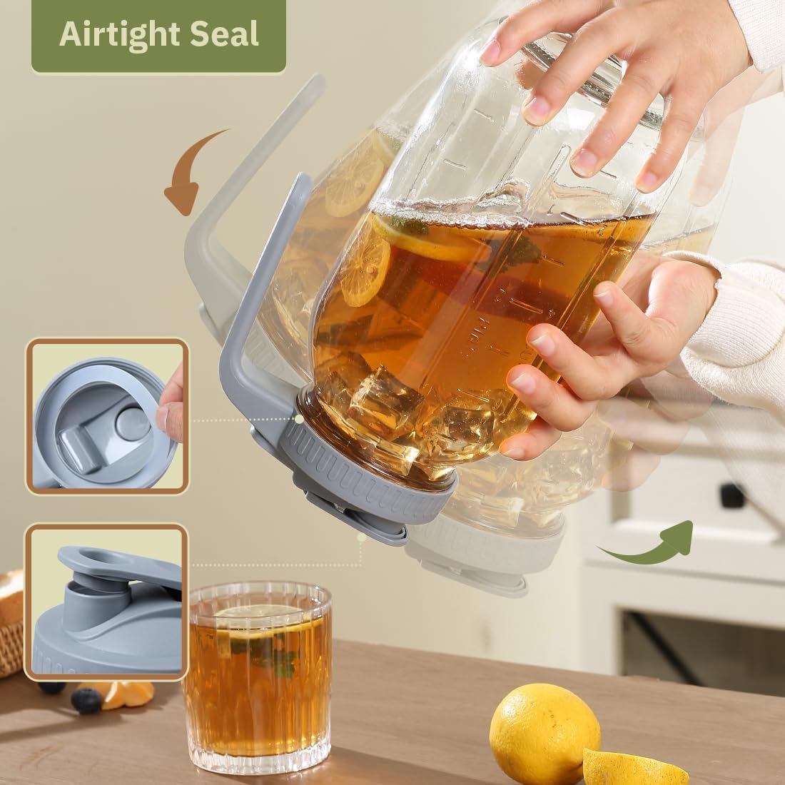 Glass Tea Pitcher with Wide Mouth Airtight Lid Leak Proof Fridge Container with Gray Lid Mason Jar for Water, Tea,Juice and Drinks (1 Pack-64OZ)
