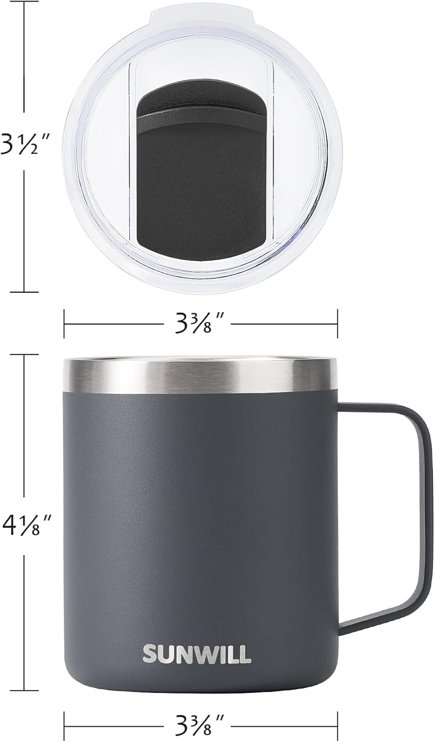 SUNWILL Travel Coffee Mug with Lid, Insulated Tumbler with Handle, 14 oz Stainless Steel Cup for Home, Office, Camping, Powder Coated Charcoal