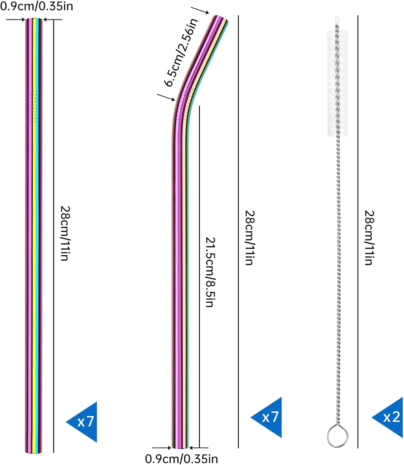 Tomorotec 11 Inch Stainless Steel Reusable Drinking Straws 14PCS & 2 Cleaning Brushes Set with Curved & Straight Designs, Compatible with 30oz Stanley Tumblers, Dishwasher Safe, BPA-Free (Metallic)