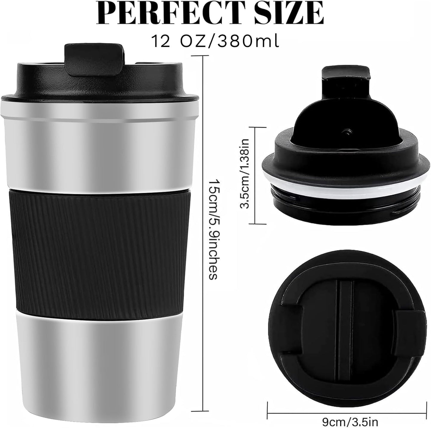 YINBAOGE Insulated Travel Coffee Mug Spill Proof Leak Proof Pobtable To Go Camping Stainless Steel Coffee Tumbler Reusable Coffee Cups with Lids Thermos for Hot and Cold Drink (Silver black, 12 OZ)