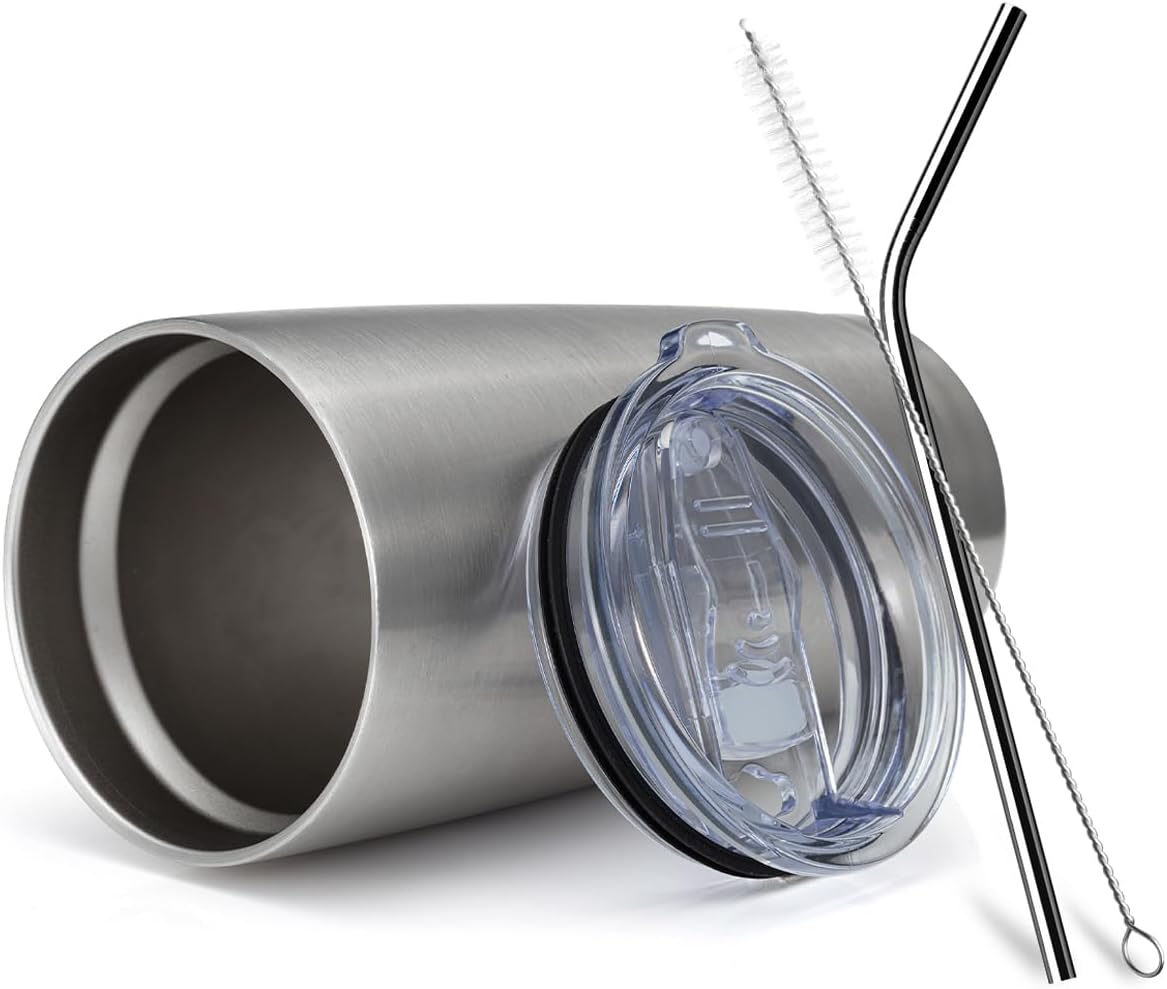 COMOOO 20oz Tumbler with Straw Stainless Steel Insulated Coffee Tumbler Cups Double Wall Vacuum Travel Coffee Mug with Splash Proof Sliding Lid for Hot Cold Drinks (Silver, 1 Pack)