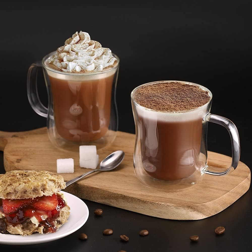 ecooe 12 oz Double Walled Glass Coffee Mug Latte Cappuccino Cups Set of 2, Clear Glass Coffee Cups with Handle, Insulated Coffee Cup Borosilicate Heat Resistant Double Wall Glass Coffee Mug Tea Cups