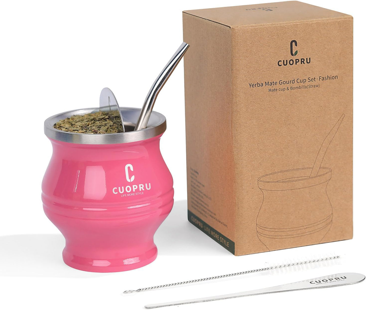 Yerba Mate Cup - Mate Gourd Set Includes Double Walled Stainless Steel Tea Cup, Tea Shaper set, Bombilla Straws, Cleaning Brush