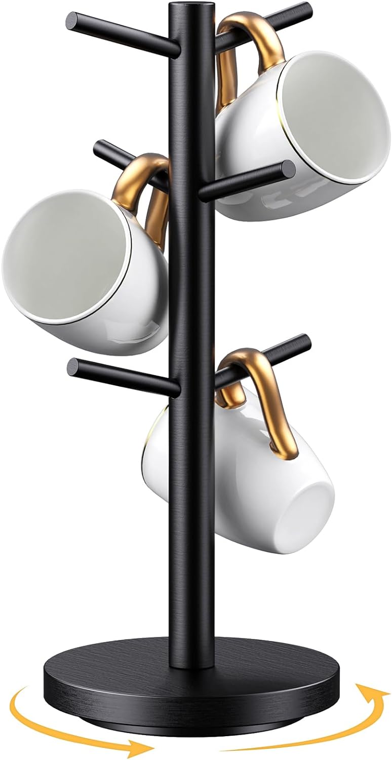 Coffee Mug Holder Tree, Upgraded 360° Rotated Cup Holder for Counter, Wood Mug Rack with 6 Hooks, Coffee Mug Organizer Station, Mug Stand Bar Accessories, Black