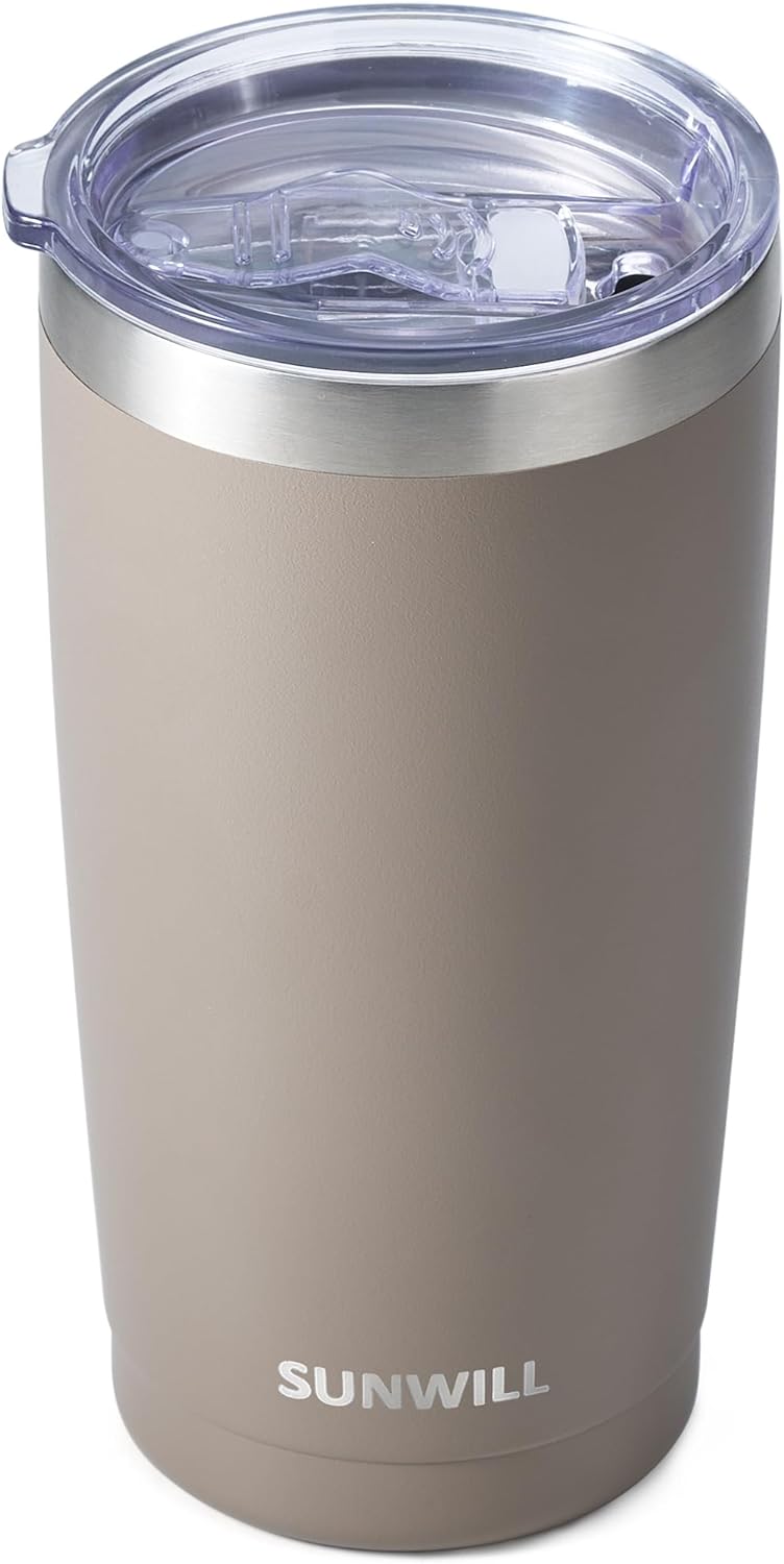 SUNWILL Travel Coffee Tumbler 20 oz, Insulated Mug with Lid, Stainless Steel Cup for Outdoor, Powder Coated Taupe