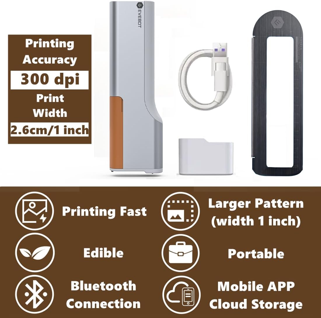 Handheld Food PrintPen Portable Mini Coffee PrintPen Latte Art Macaron Cookie DIY Design Print Pen, Christmas Gifts Bluetooth 4.2 - Brown, Red and Black 3PCS Colors