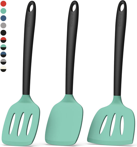 Coukre Silicone Spatula Set of 3, High Heat Resistant, BPA-Free, Kitchen Utensils, Fish Spatula, Solid & Slotted Turner for Non-Stick Pans, Flipping Eggs, Pancakes, Fish, Burgers (3, AquaGreen)