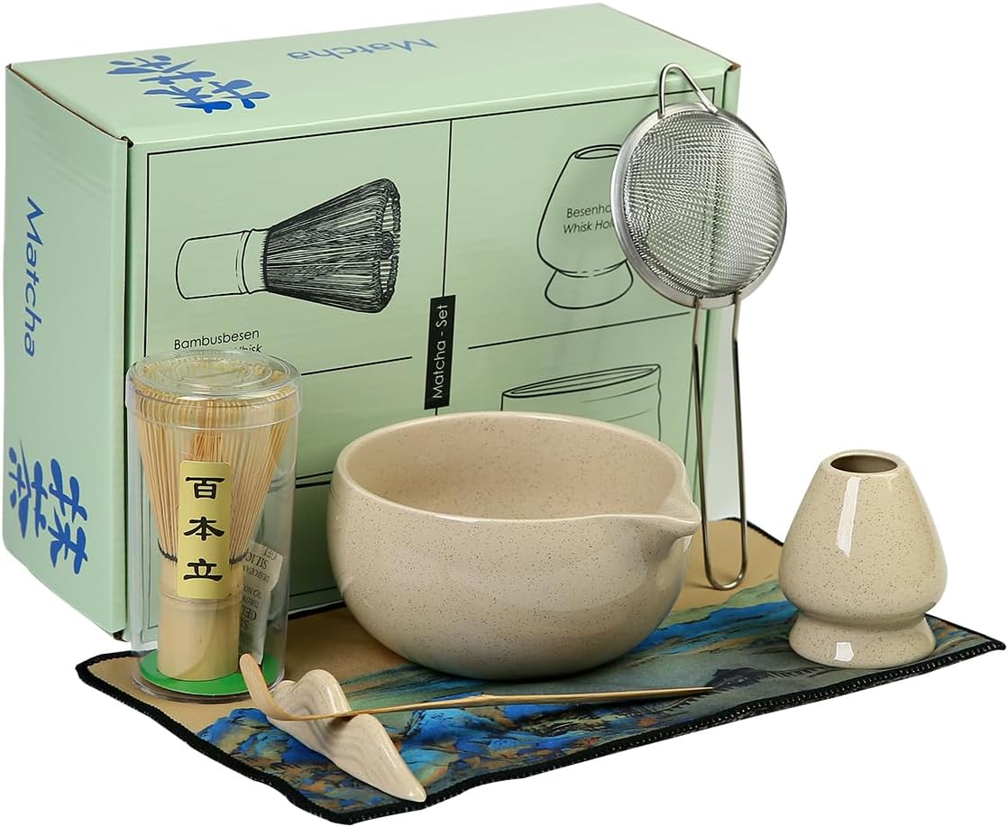 Matcha Set, 7 Pieces, Matcha Bowl with Spout, Whisk, Holder, Bamboo Scoop, Stainless Steel Sifter