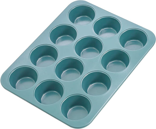 CHEFMADE Muffin Pan, 12 Cups Non-Stick Cupcake Baking Pan Heavy Duty Carbon Steel Pan Muffin Tins Standard Baking Mold for Cakes（Green）