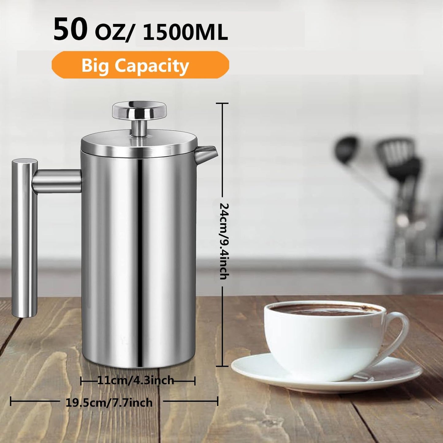 Stainless Steel French Press Coffee Maker 1500ml, Double-Wall Insulated Large French Coffee Press for travel camping，Large Capacity, （50oz, Silver）
