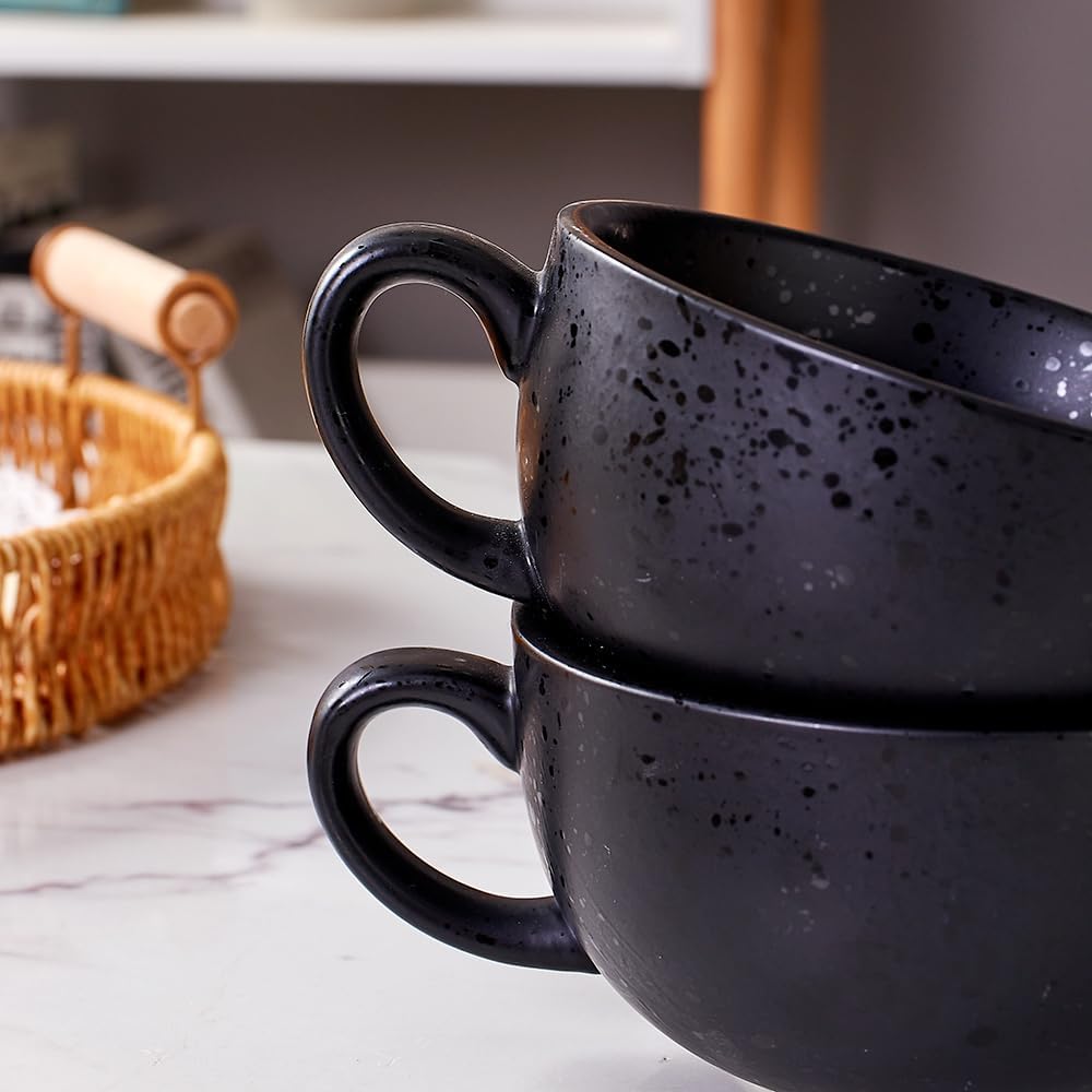 Set of 6 Vintage Design 12 oz Professional Barista Ceramic Latte Art Cappuccino Cups Set (Facular Black * 6)