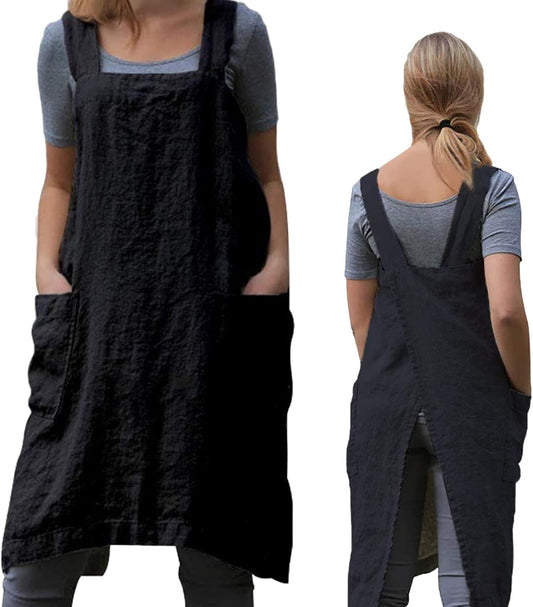 ZQFFB Pinafore Cross Back Apron for Women with Pockets Japanese Smock for Work Gardening Cooking Painting Baking