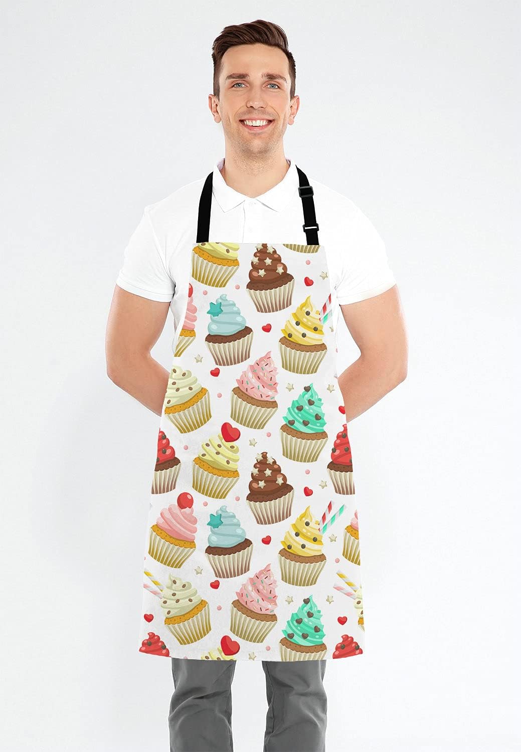 Yummy Colored Cupcakes Adjustable Bib Apron, Cute Cupcake Pattern Apron, Sweet Dessert Cooking Kitchen Apron for Men Women