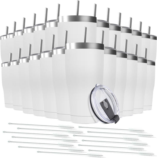 25 Pack 30oz Stainless Steel Tumblers Bulk Reusable Travel Mugs with Lid, Double Wall Powder Coated Coffe Cup for Home, Office, Outdoor Suitable for Vehicle Cup Holders White