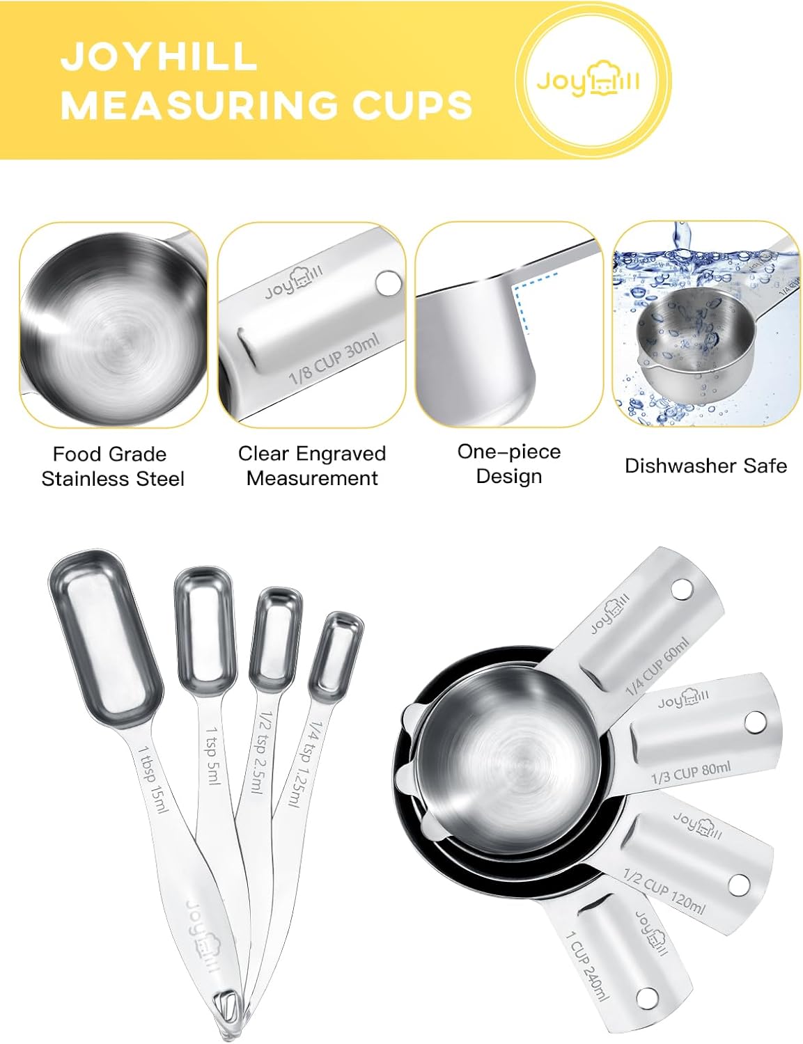 Joyhill Measuring Cups and Spoons Set of 8 Piece, Metal Stainless Steel Measuring Cups and Spoons Set for Baking Cooking, Dry and Liquid Ingredients