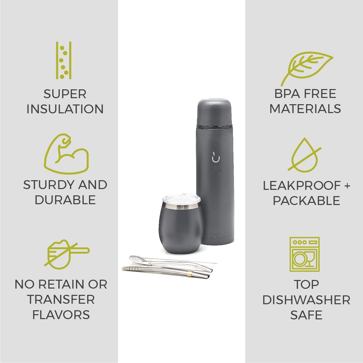 BALIBETOV Complete Yerba Mate Set - Modern Mate Gourd, Thermal Flask, Bombilla and Cleaning Brush Included - All Premium Quality 304 18/8 Stainless Steel (Gray)