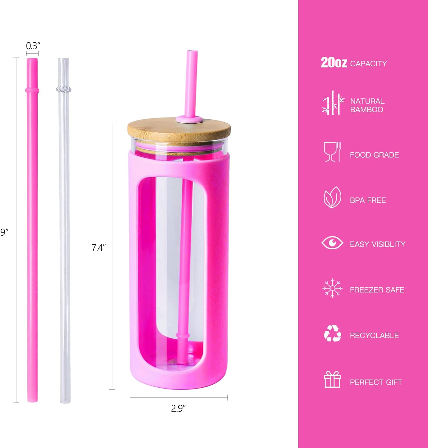 Kodrine 20oz Glass Tumbler with Straw and Lid, Iced Coffee Cups with Bamboo Lids, Glass Cups for Cold Drinks, Smoothie Cup with Silicone Sleeve for Travel, Work, BPA FREE-Rose