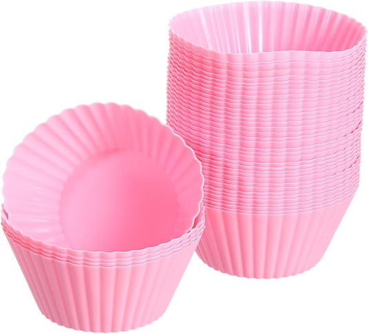 uxcell 42Pcs Silicone Cupcake Liners, Non-Stick Baking Cups, for Cooking Eggs, Baking Muffins and Make a Cake(Pink)