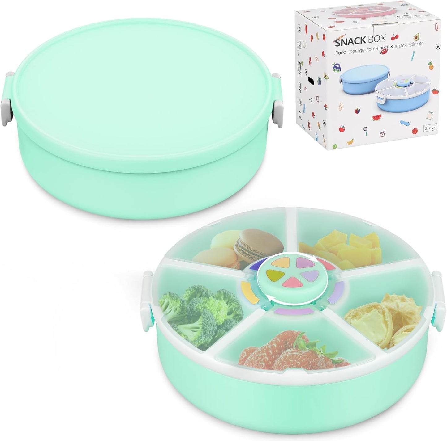 Kids' Rotating Snack Container Set – 2-Pack, Includes 1 Rotating Snack Container & 1 Round Sectioned Snack Box, BPA-Free, Dishwasher Safe, Perfect for Travel-Green