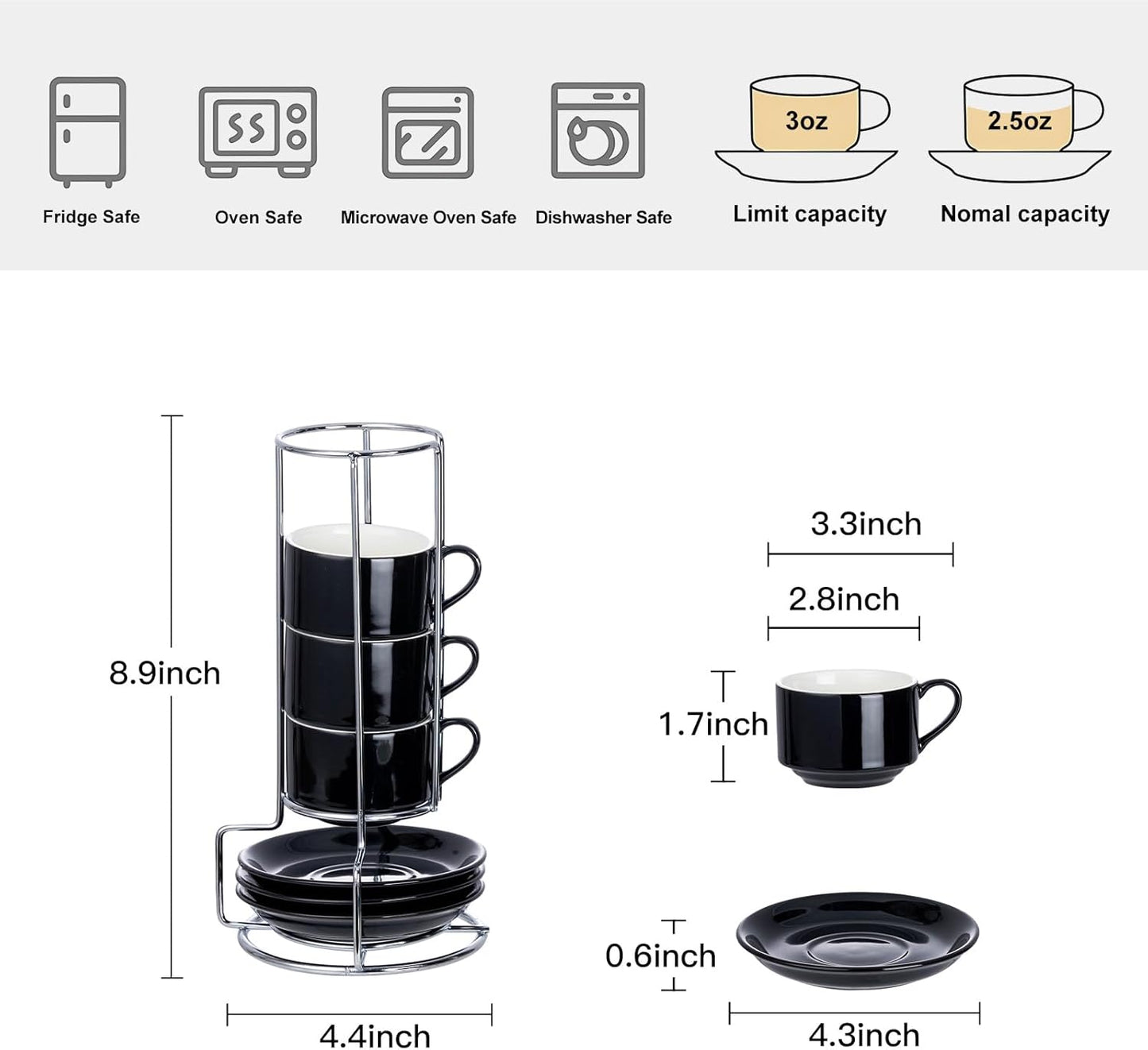 2.5 Ounce Porcelain Espresso Cups with Saucers and Silver Stand, Black Stackable Cups Set of 4