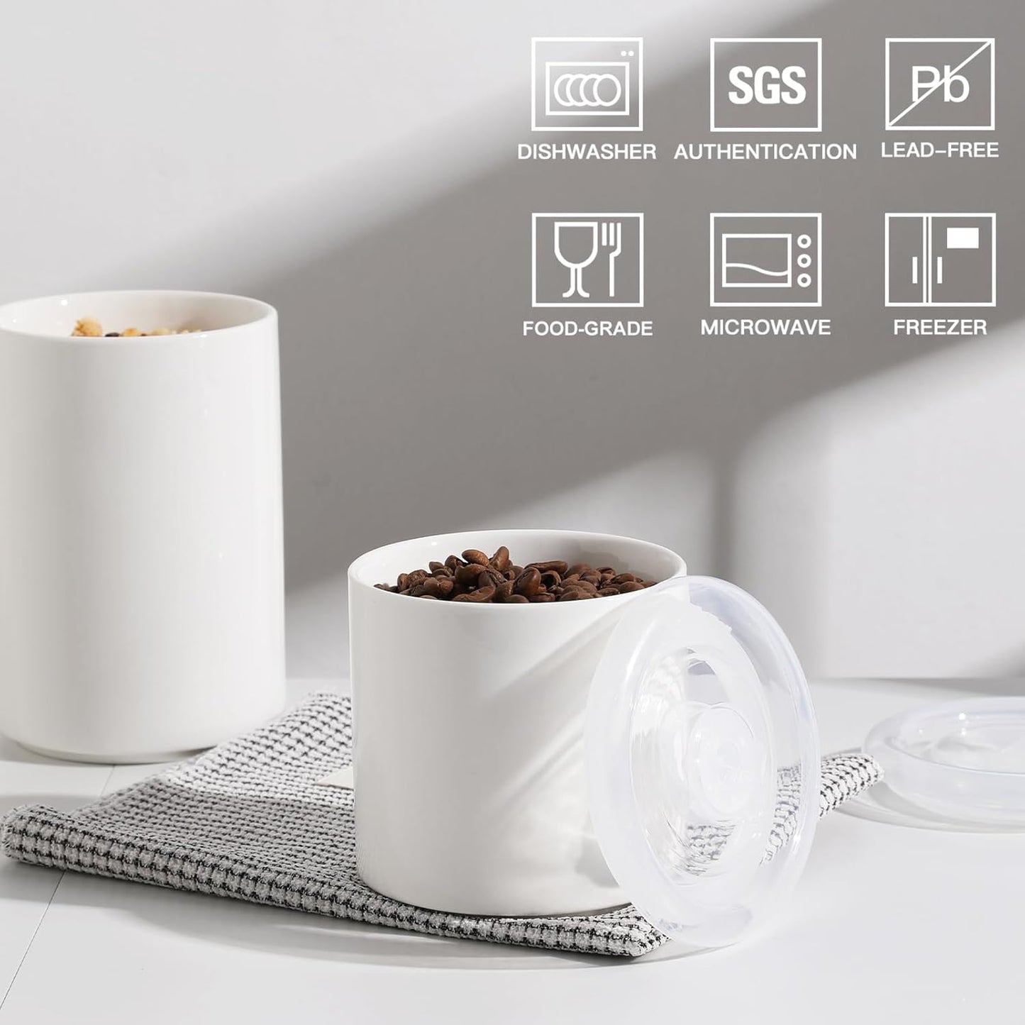 Sweejar Ceramic Food Storage Jar, Salt Container with Airtight Plastic Lid & Date Tracker, 16 Oz Kitchen Canisters for Flour, Rice, Sugar, Coffee, Spices, Pantry Organization (White)