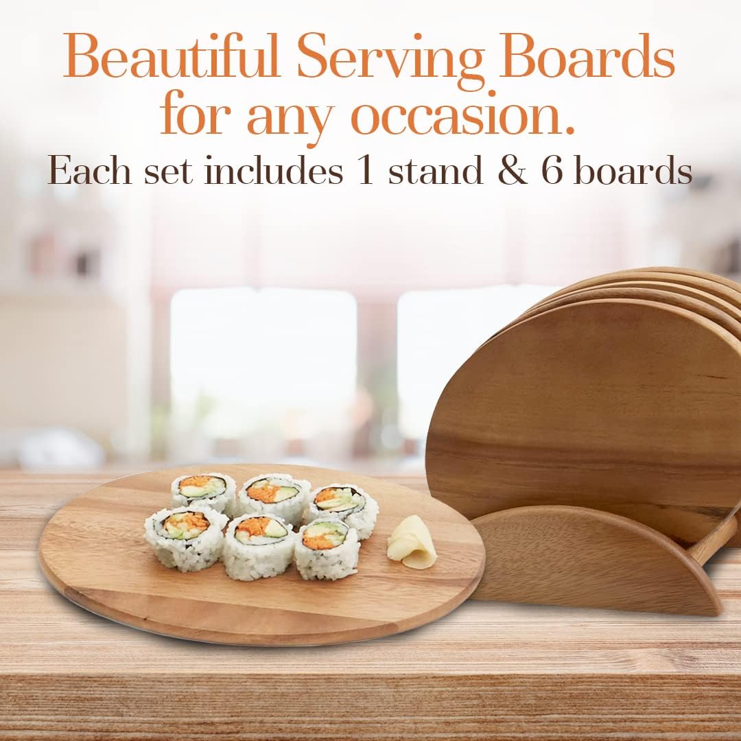 Woodard & Charles 6 Acacia Wood Serving Boards with Stand, Perfect for Serving, Sushi, Cheese, Hors d'oeuvre, Charcuterie, Sandwiches, 7 Piece Set, 9 1/2" x 6 1/2"