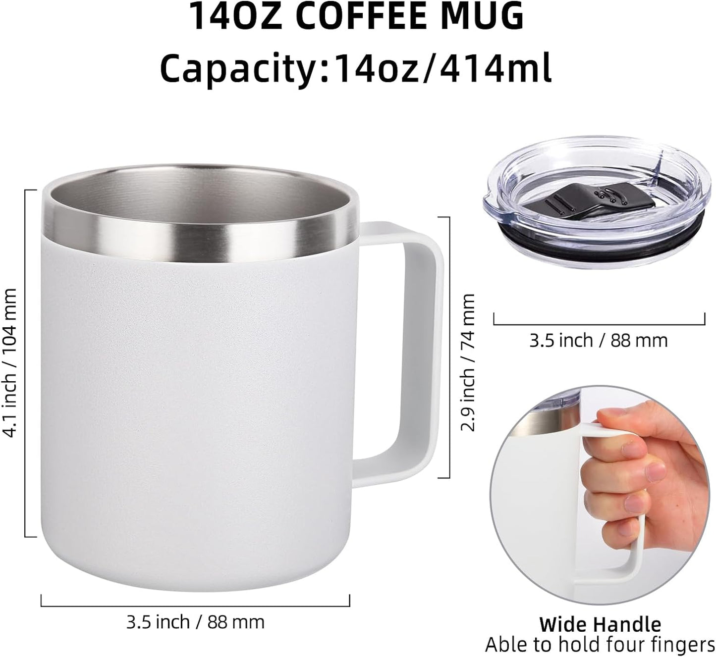 Volhoply 14oz Insulated Stainless Steel Coffee Mug with Lid Bulk 2 Pack,Double Wall Vacuum Travel Coffee Cup with Handle,Reusable Metal Cups Tumbler,Camping Mugs Keep Hot,Ideal Gifts(White,2)