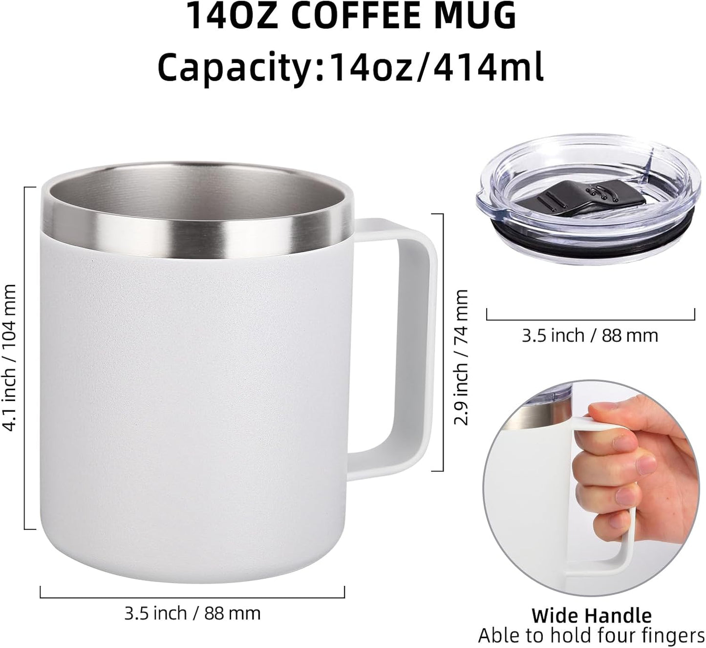 Volhoply 14oz Insulated Stainless Steel Coffee Mug with Leakproof Lid,Double Wall Vacuum Travel Coffee Cup with Handle,Reusable Metal Cups Tumbler,Camping Mugs Keep Hot/Cold,Ideal Gifts(White,1)