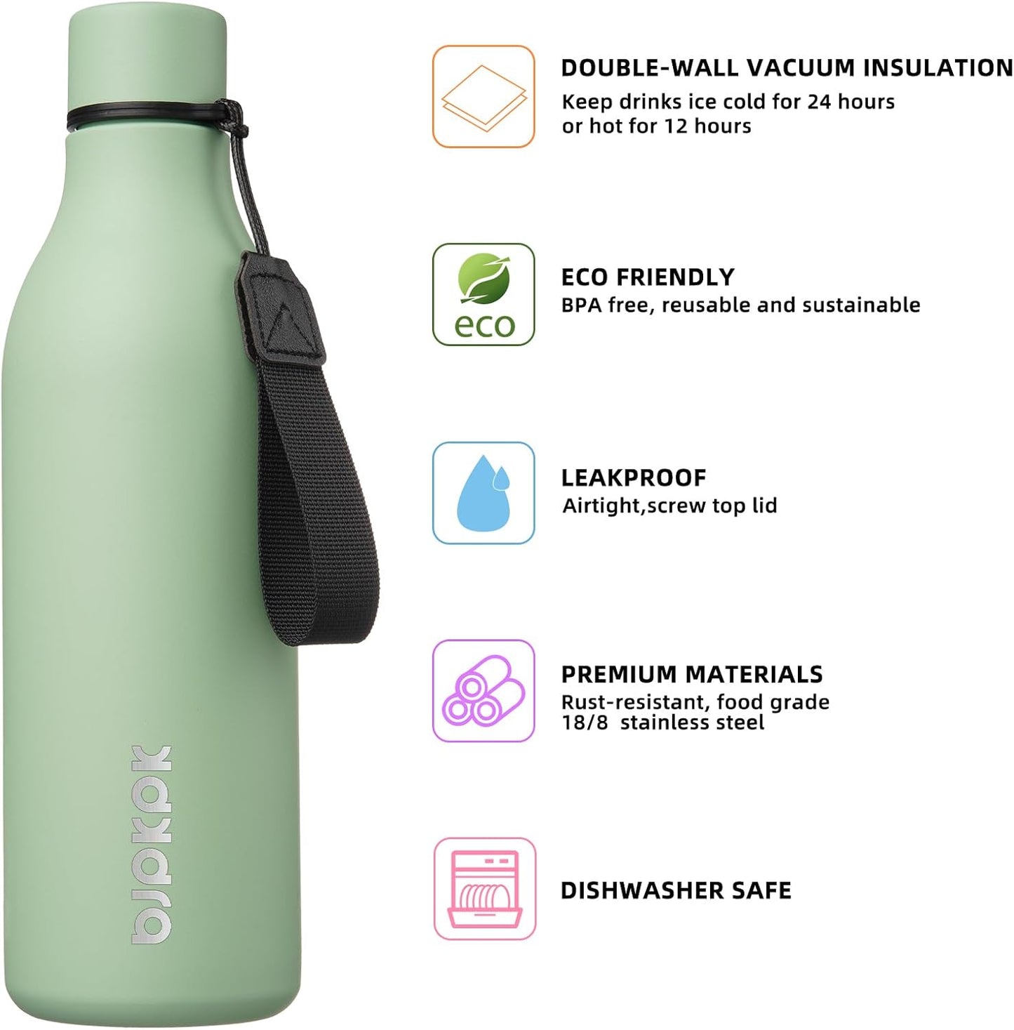 BJPKPK Insulated Water Bottles, 25 oz Stainless Steel Metal Water Bottle with Strap, BPA Free Leak Proof Thermos, Mugs, Flasks, Reusable Water Bottle for Sports & Travel, Macaron Green