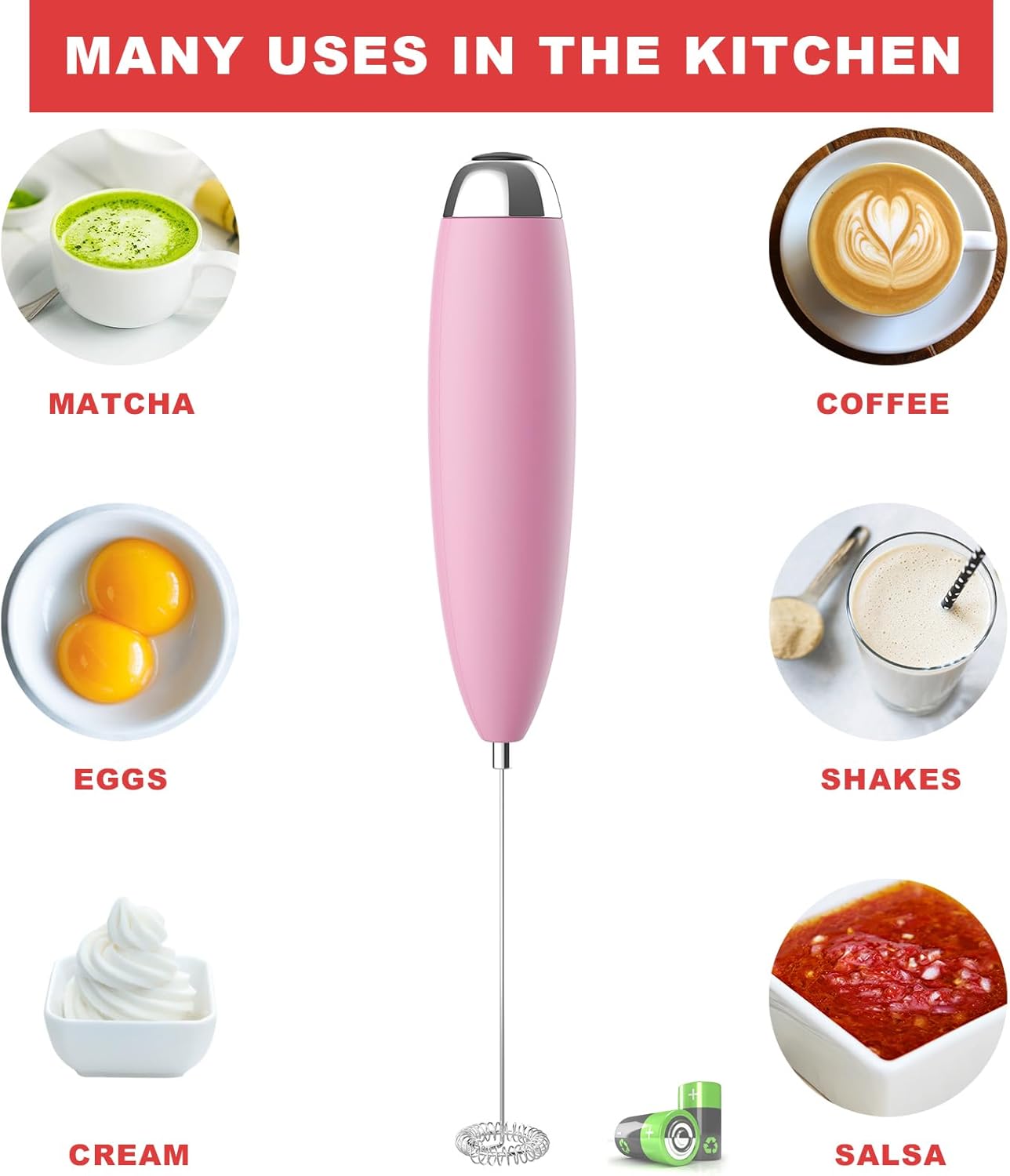 Frother Handheld for Coffee, Milk Frother Upgraded Matcha Whisk Drink Mixer Electric Mini Whisk Hand Mini Foamer Coffee Mixer for Lattes Cappuccino Frappe Matcha Hot Chocolate, Pink