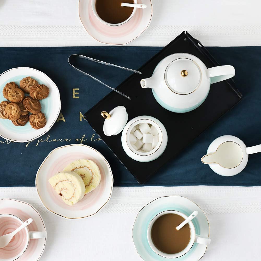 Sweejar Porcelain Tea Sets, 8 OZ Cups & Saucer Service for 4, Teapot Sugar Bowl Cream Pitcher Teaspoons and Tea Strainer for Adult Tea Coffee Afternoon Party (Pink)