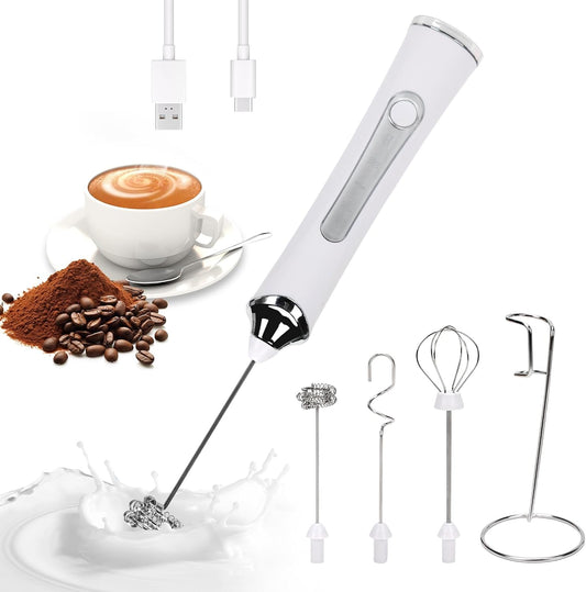Rechargeable Milk Frother with Stand - 3 Speed Adjustable Electric Whisk, 3 Detachable Stainless Steel Heads for Latte, Cappuccino, Matcha, Egg (White)
