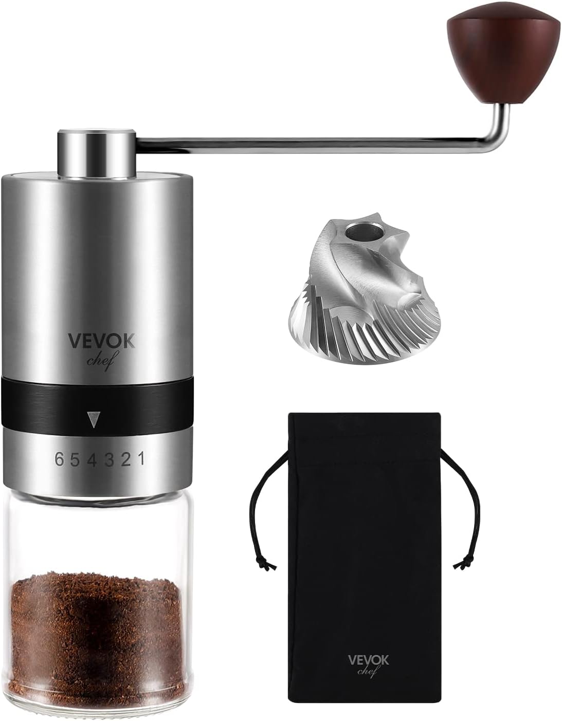 VEVOK CHEF Manual Coffee Grinder Stainless Steel Burr Grinder 6 External Adjustable Setting Vintage Hand Coffee Grinder Portable Hand Crank Conical Coffee Bean Grinder Mill for Home,Camping