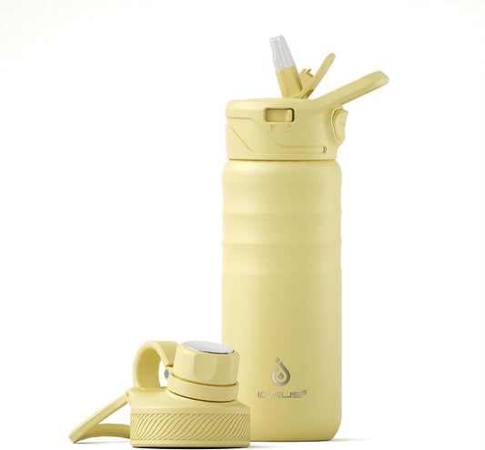 IDEUS Insulated Stainless Steel Water Bottle with 2 Leak-Proof Lids, Thermal Water Flask for Hiking Biking, 18oz, Light Yellow