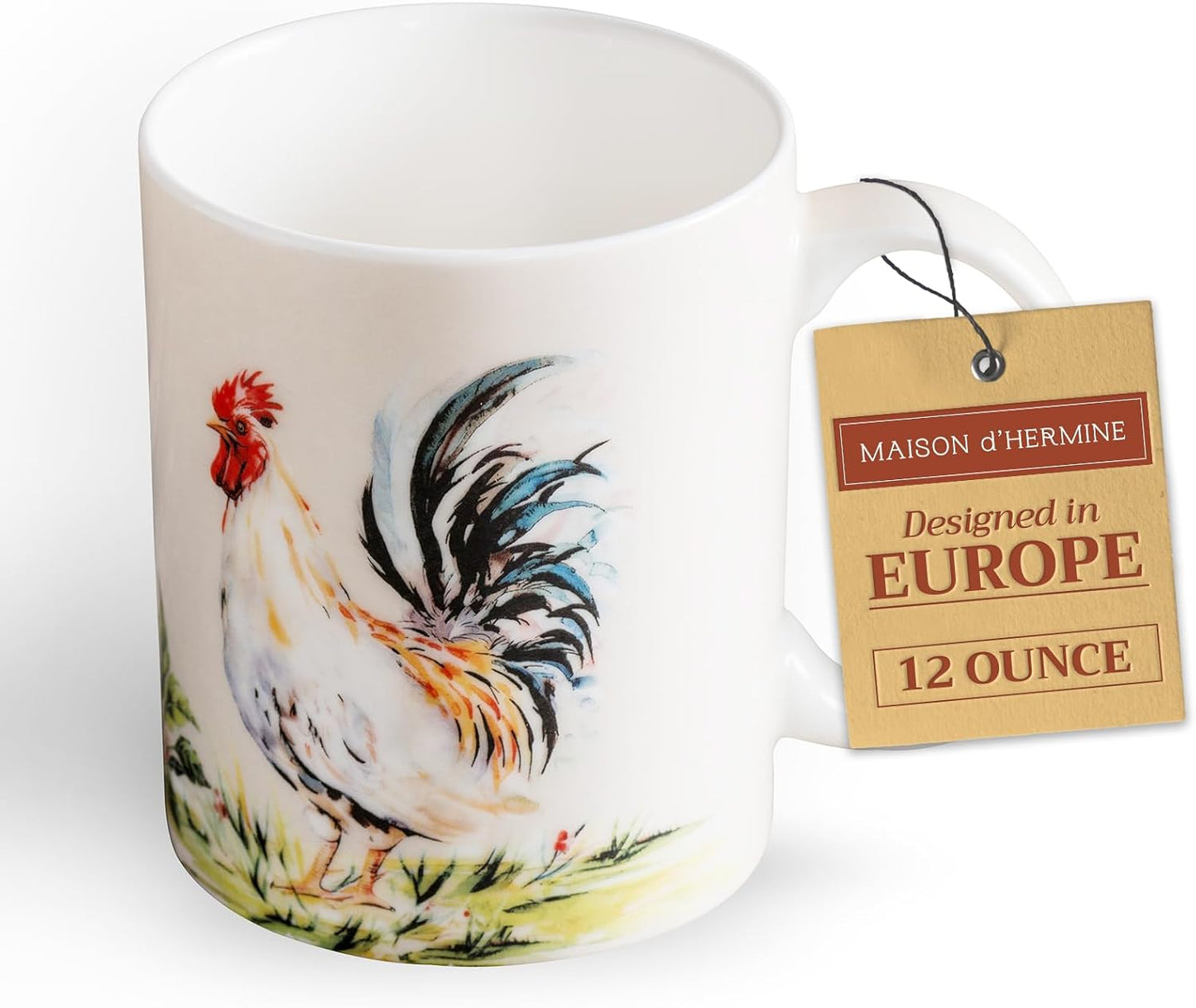 Maison d' Hermine Coffee Mug with Handles Fine Bone China Mugs Pack of One Tea Cups for Hot Beverages Cappuccino Latte Home Restaurant Office Perfect for Gift (Campagne - Coq, 12 Ounce)